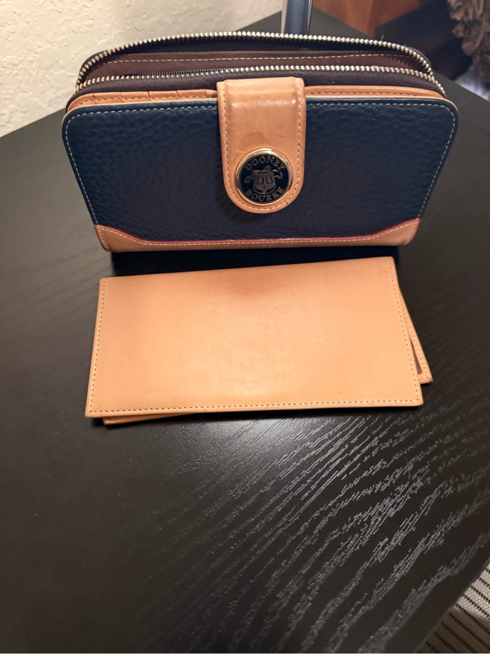 Dooney & Bourke Navy and Tan Leather Zip Wallet - Picture 2 of 7